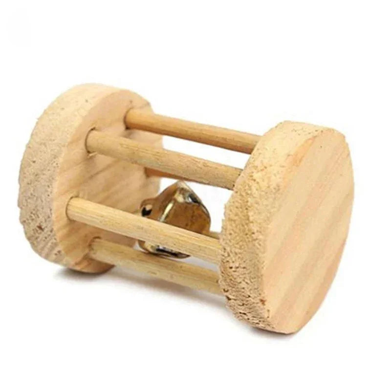 Cute Rabbit Roller Toys Natural Wooden Pine Dumbells Unicycle Bell Chew Toys for Guinea Pigs Rat Small Pet Molars