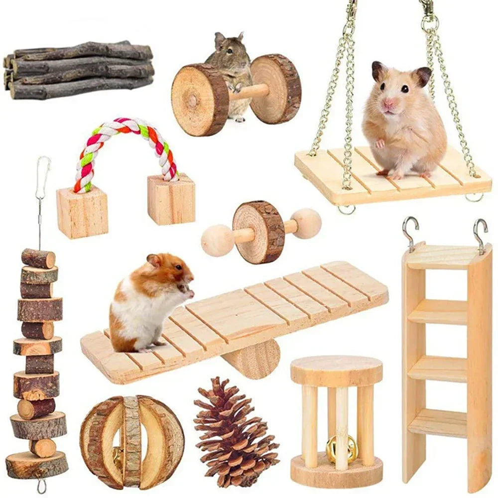 Cute Rabbit Roller Toys Natural Wooden Pine Dumbells Unicycle Bell Chew Toys for Guinea Pigs Rat Small Pet Molars