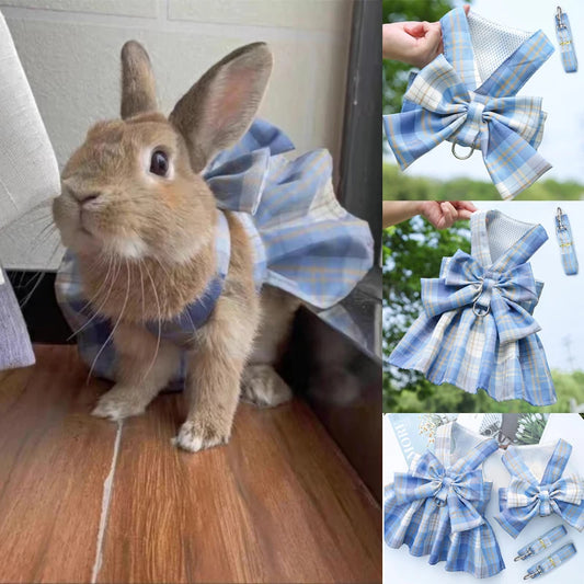 Rabbit JK Dresses and Leash Sets Mesh Plaid Pet Vest Harness for  Bunny Summer Small Animals Clothes Rabbits