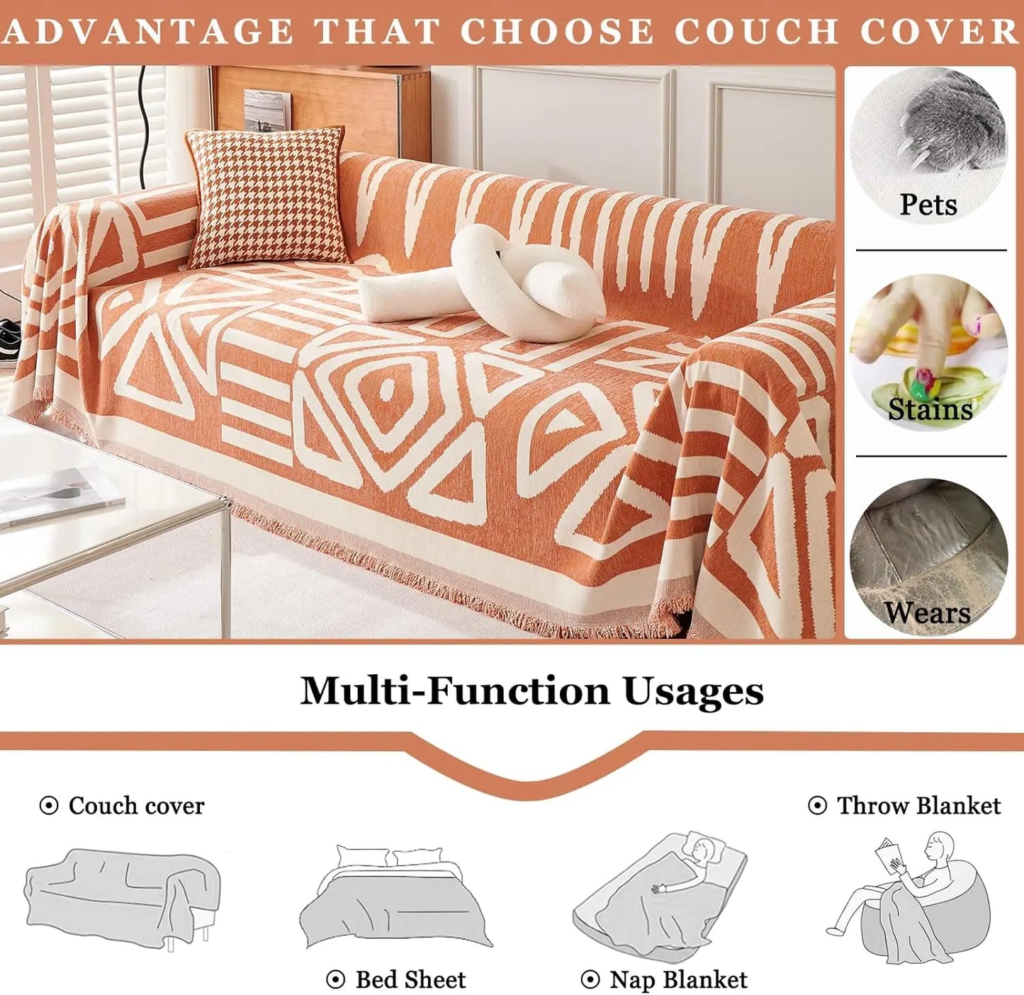 Boho Sofa Covers, Chenille Couch Cover for Dogs Geometric Jacquard Sofa Slipcover Living Room Pet Furniture Protector Washable