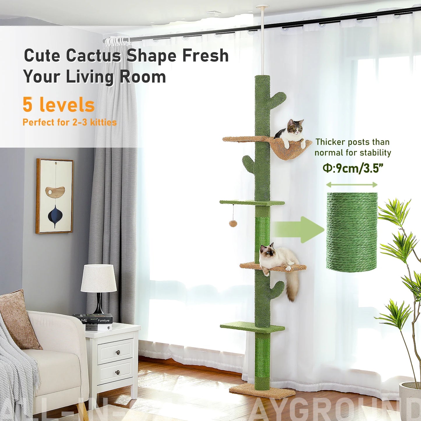 Cat Tree 5-Tier Floor to Ceiling Cat Tower Cactus Tall Climbing Tree with Scratching Post Hammock Dangling Ball for Indoor Cats