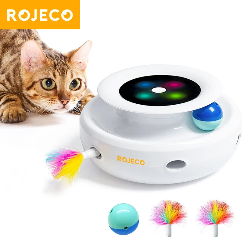 ROJECO 2 in 1 Smart Cat Toys Automatic Feather Fun Ball Toy Set For Cat  Modes Electronic Interactive Pet Toy Accessories