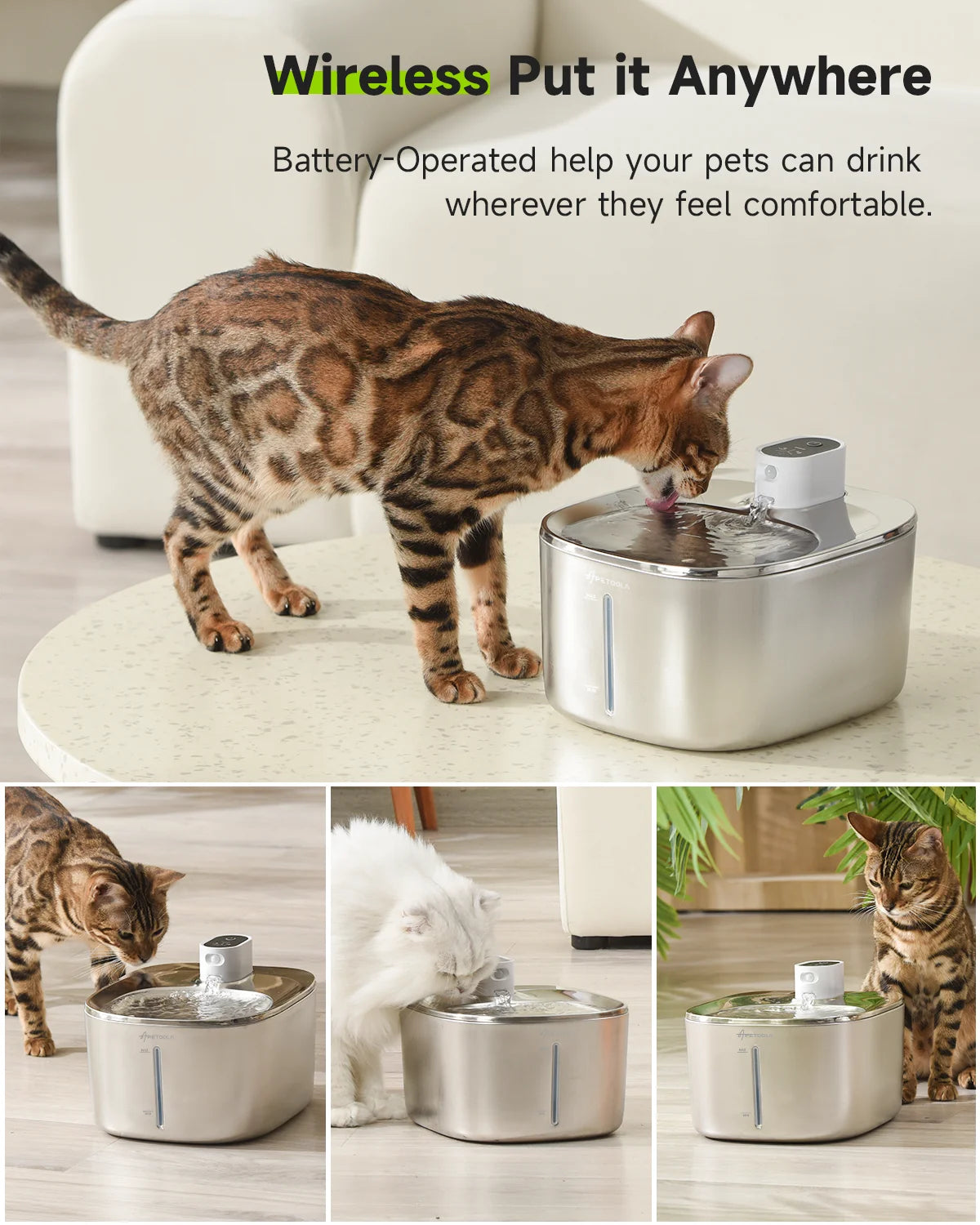 Wireless Cat Water Fountain, 135 fl oz/4L Battery Operated Cat Fountain Stainless Steel with Water Level Window, 3 Work Modes, Cordless Pet Water Fountain for Cats, Dogs, Pets,