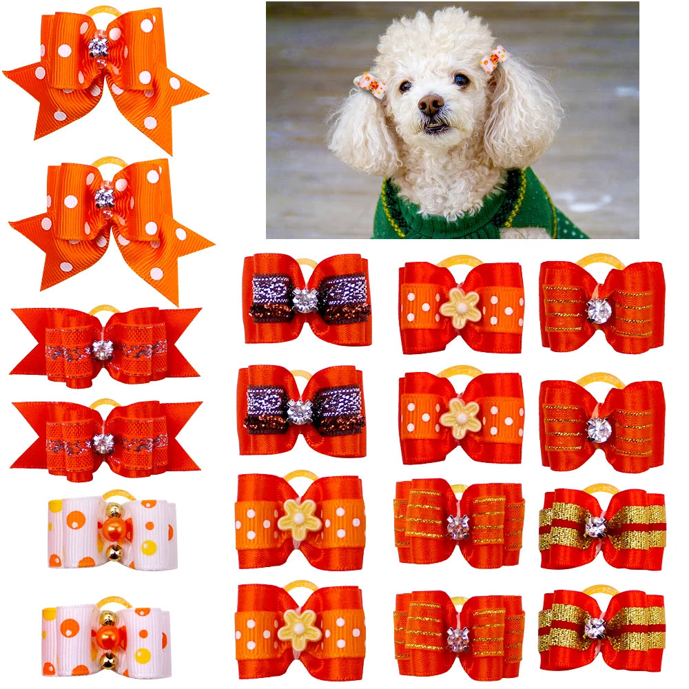 10pcs/lot Hand-made Small Hair Bows For Dog Rubber Band Cat Hair Bowknot Boutique Valentine's day Dog Grooming Pet Accessories