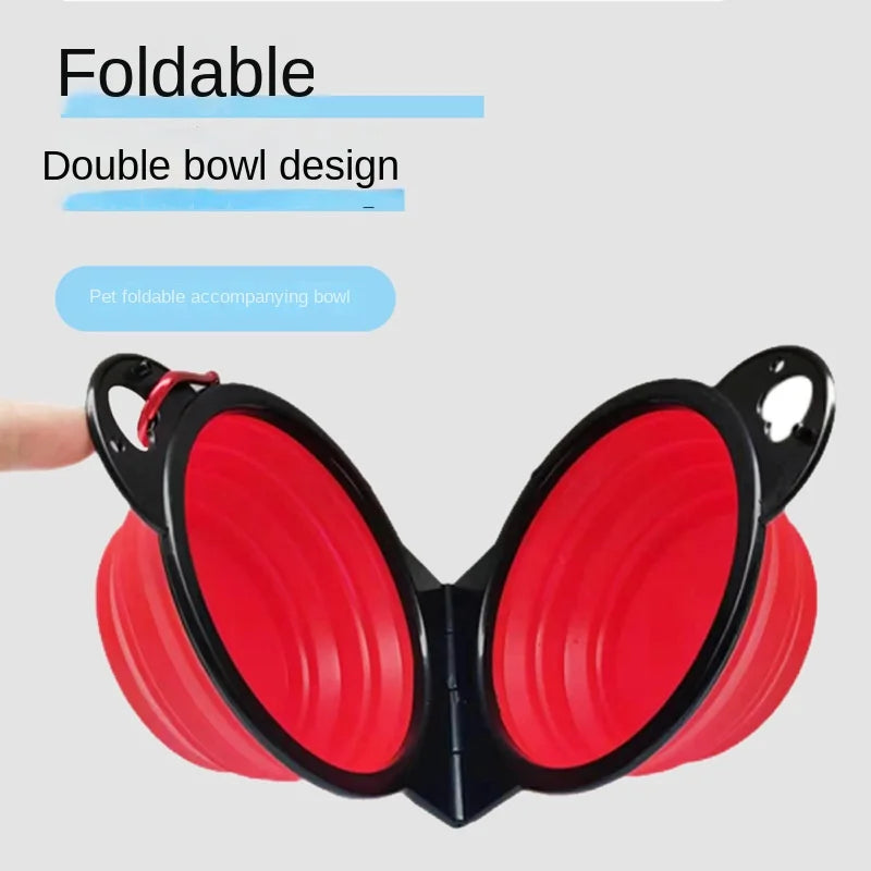 Collapsible Dog Bowls, Portable Travel Pet Feeder Bowl, 2 in 1 Expandable Silicone Pet Food & Water Double Bowl, Cat Feeder Dish with Carabiner for Walking, Traveling, Hiking, Camping