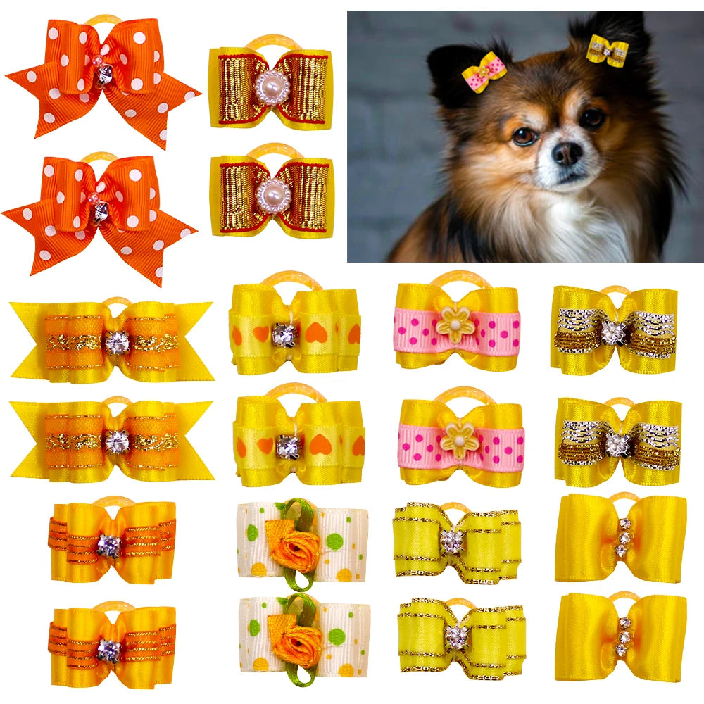 10pcs/lot Hand-made Small Hair Bows For Dog Rubber Band Cat Hair Bowknot Boutique Valentine's day Dog Grooming Pet Accessories