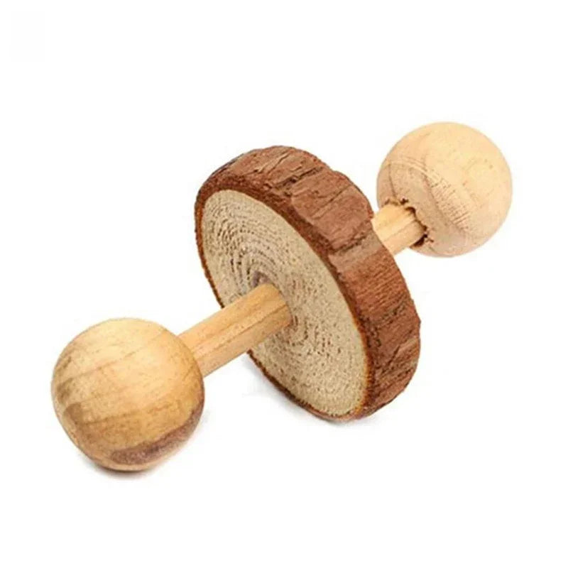 Cute Rabbit Roller Toys Natural Wooden Pine Dumbells Unicycle Bell Chew Toys for Guinea Pigs Rat Small Pet Molars