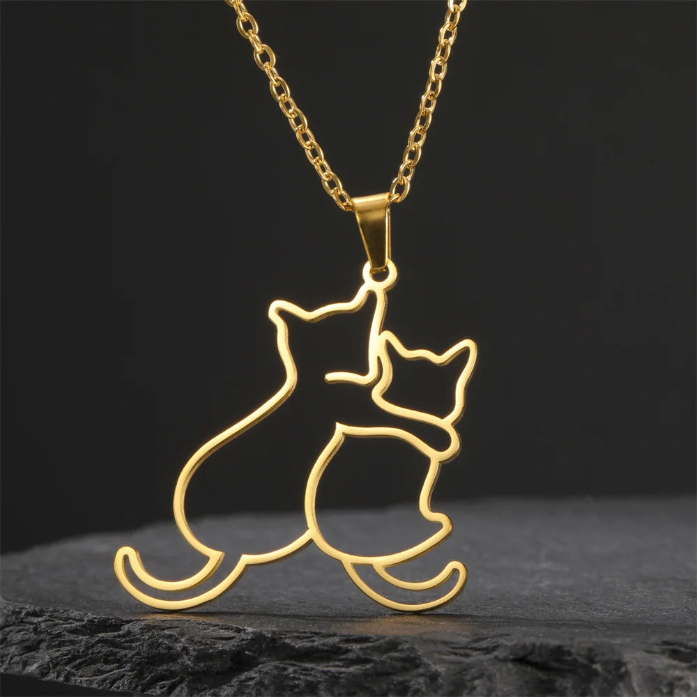 My Shape Hugging Puppy Kitten Necklace for Women Girls Stainless Steel Pendant Chain Animal Cat Dog Jewelry Pets Lovers Gifts