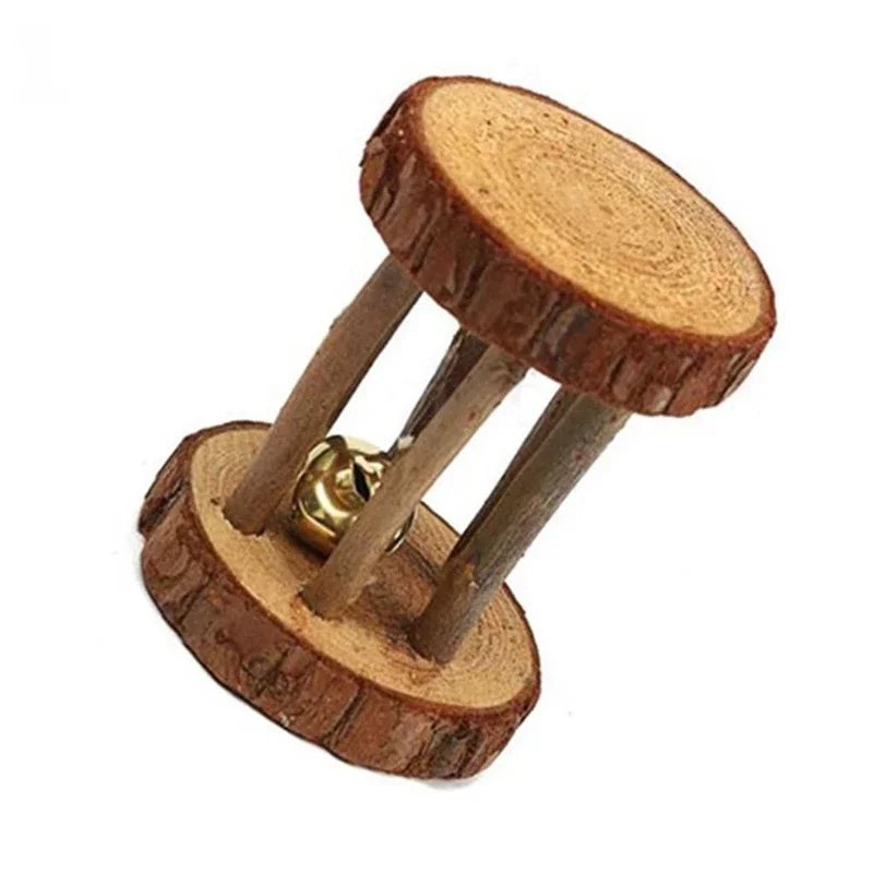 Cute Rabbit Roller Toys Natural Wooden Pine Dumbells Unicycle Bell Chew Toys for Guinea Pigs Rat Small Pet Molars