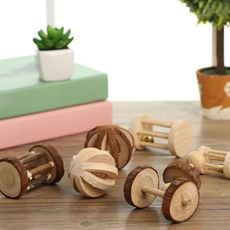 Cute Rabbit Roller Toys Natural Wooden Pine Dumbells Unicycle Bell Chew Toys for Guinea Pigs Rat Small Pet Molars