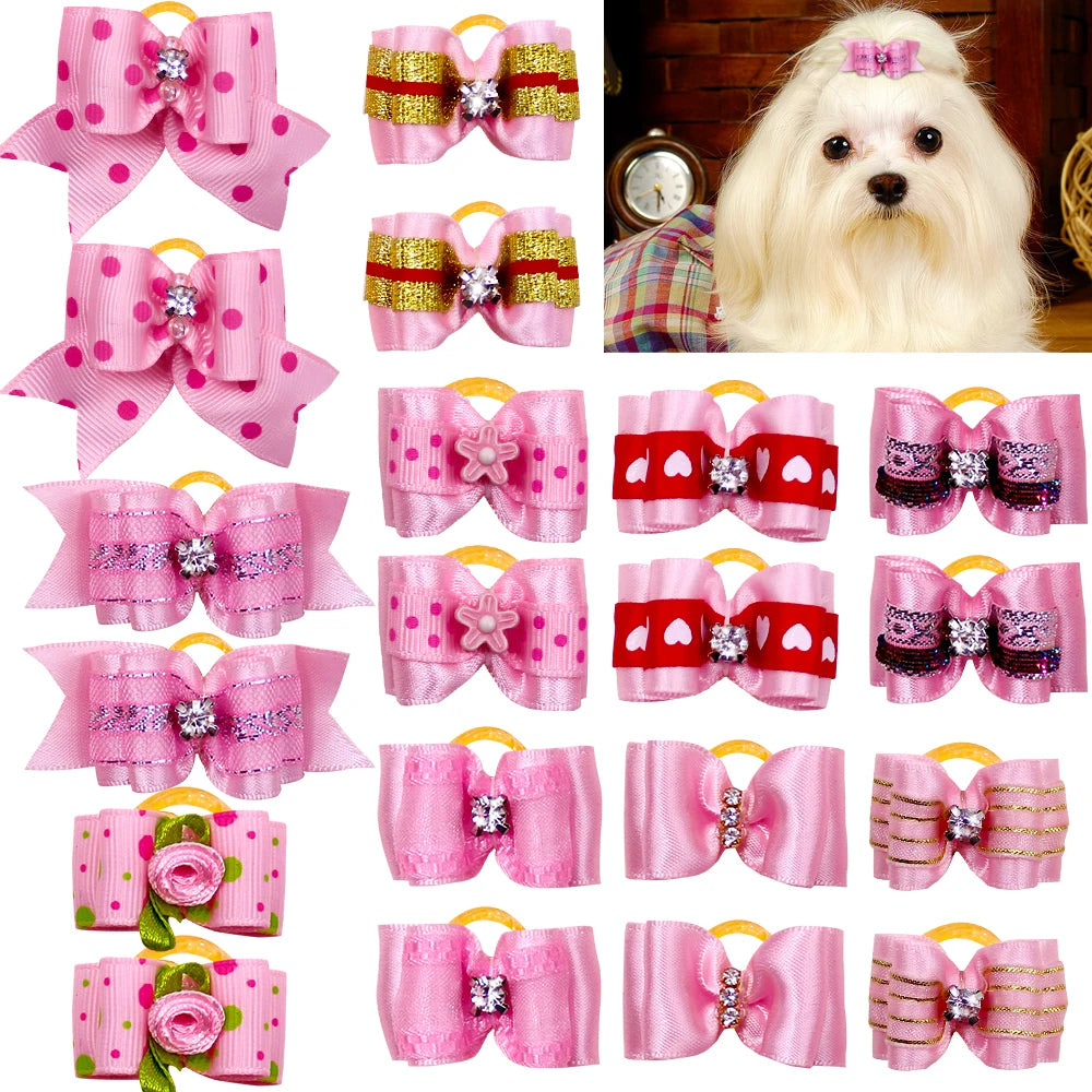 10pcs/lot Hand-made Small Hair Bows For Dog Rubber Band Cat Hair Bowknot Boutique Valentine's day Dog Grooming Pet Accessories