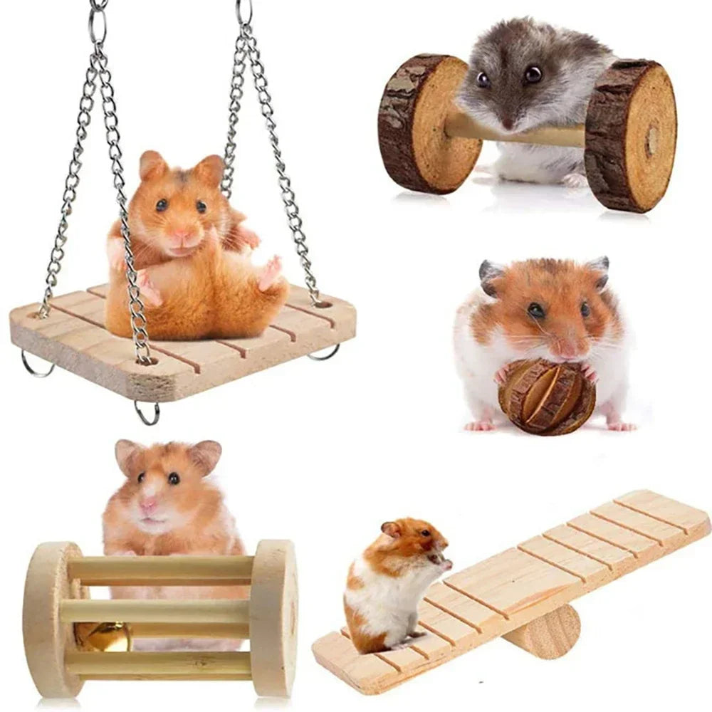 Cute Rabbit Roller Toys Natural Wooden Pine Dumbells Unicycle Bell Chew Toys for Guinea Pigs Rat Small Pet Molars