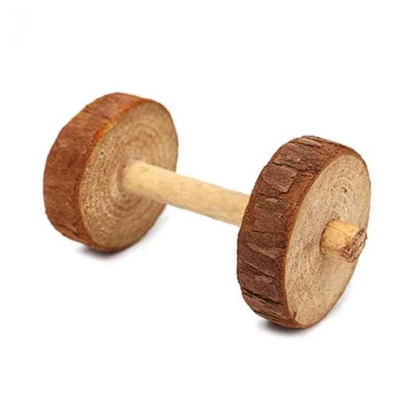 Cute Rabbit Roller Toys Natural Wooden Pine Dumbells Unicycle Bell Chew Toys for Guinea Pigs Rat Small Pet Molars