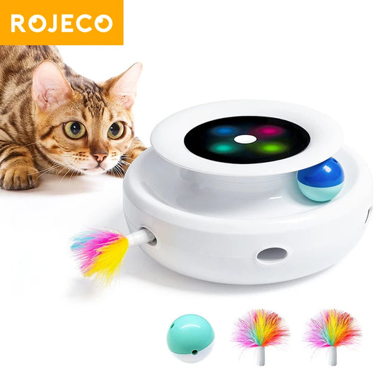 ROJECO 2 in 1 Smart Cat Toys Automatic Feather Fun Ball Toy Set For Cat  Modes Electronic Interactive Pet Toy Accessories