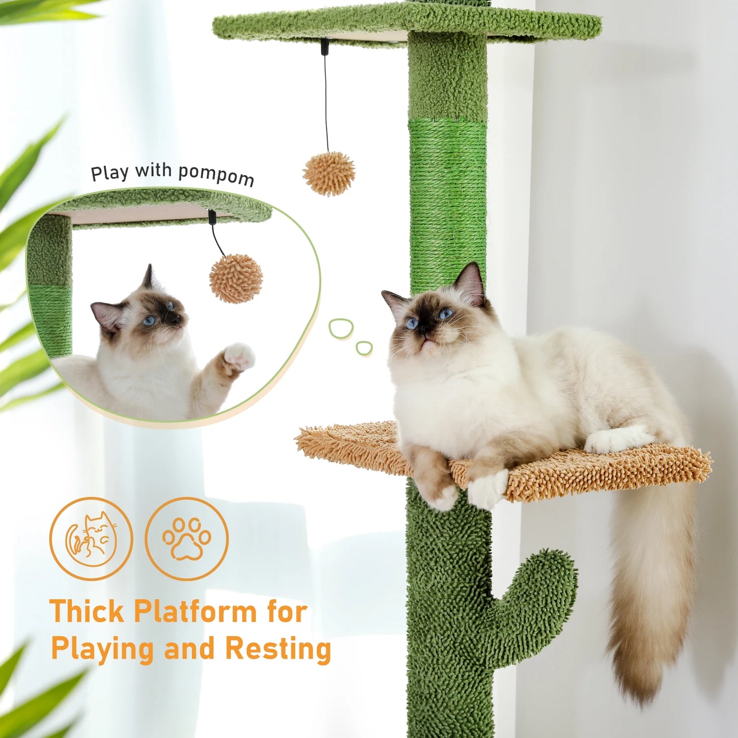 Cat Tree 5-Tier Floor to Ceiling Cat Tower Cactus Tall Climbing Tree with Scratching Post Hammock Dangling Ball for Indoor Cats