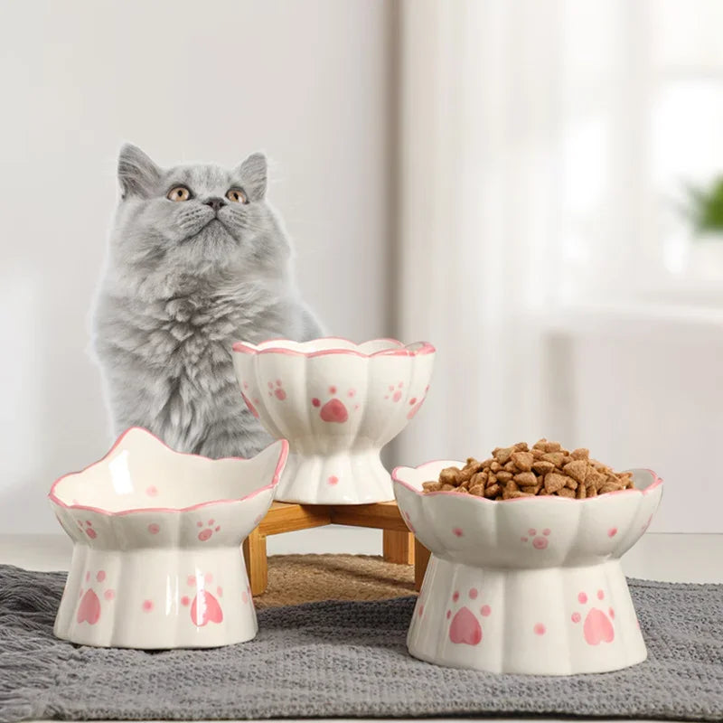 Cat Ceramic Food Bowl Elevated Pet Drinking Eating Feeders Small Puppy Dogs Snack Water Bowls Set Cats Feeding