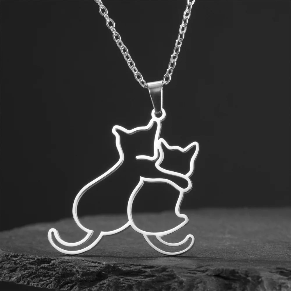 My Shape Hugging Puppy Kitten Necklace for Women Girls Stainless Steel Pendant Chain Animal Cat Dog Jewelry Pets Lovers Gifts