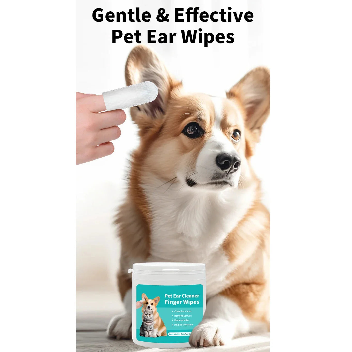 Dog Ear Cleaner Finger Wipes，Premium Ear Finger Wipes for Dogs Cats 50 Pcs Reduce Earwax Buildup Sooths Deodorizes Relieve Ear Itching Inflammation, Fresh Coconut Scent, Natural Ingredients