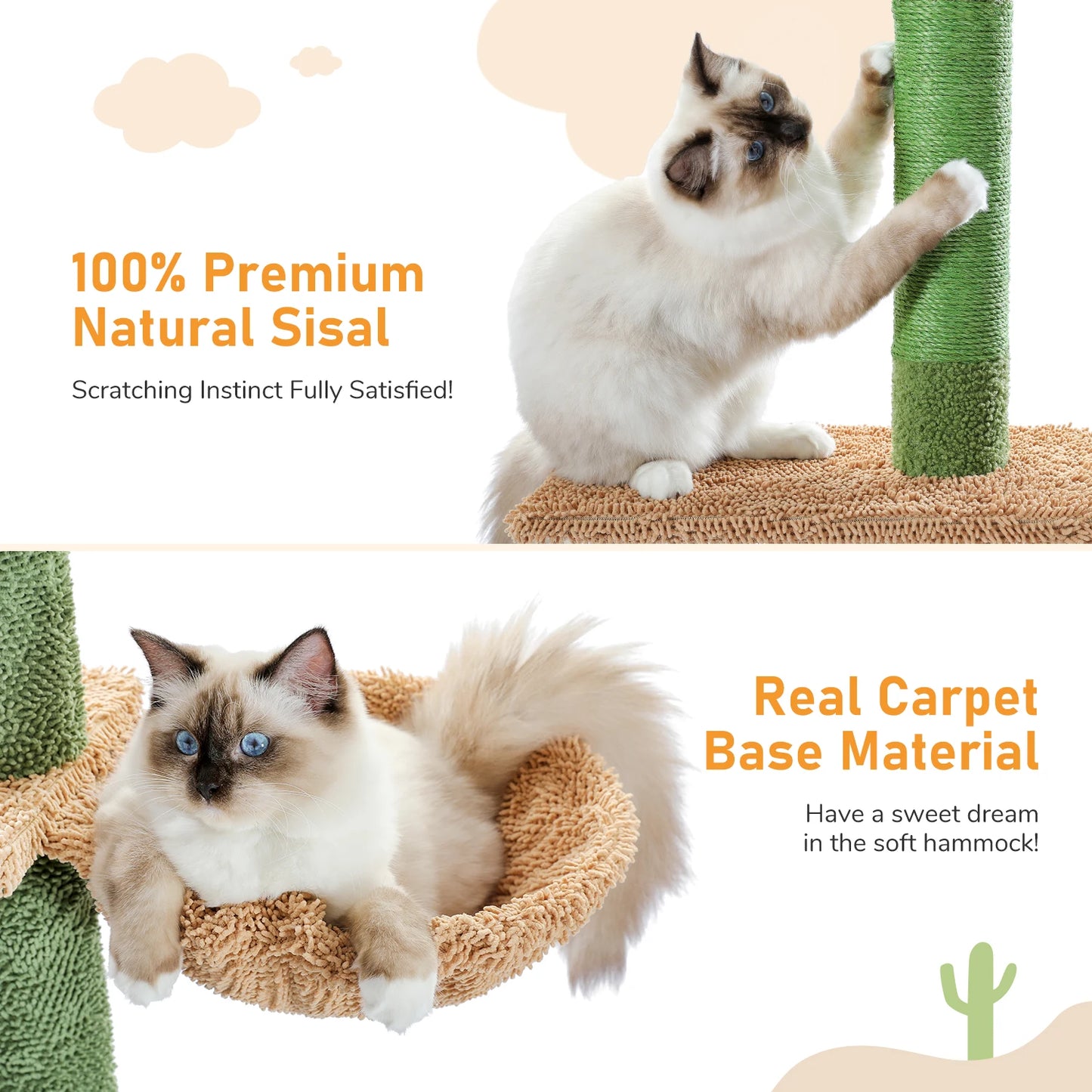 Cat Tree 5-Tier Floor to Ceiling Cat Tower Cactus Tall Climbing Tree with Scratching Post Hammock Dangling Ball for Indoor Cats