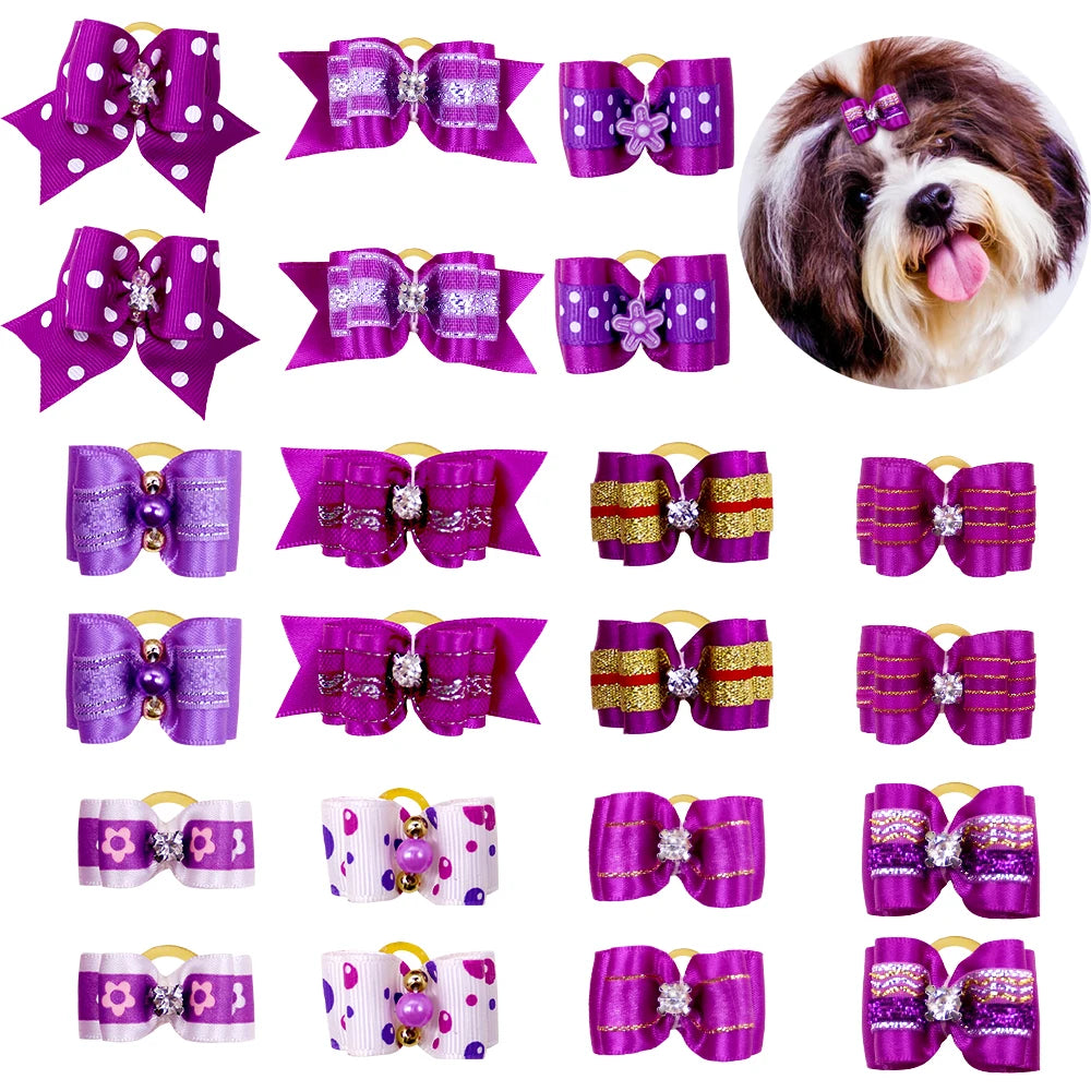 10pcs/lot Hand-made Small Hair Bows For Dog Rubber Band Cat Hair Bowknot Boutique Valentine's day Dog Grooming Pet Accessories