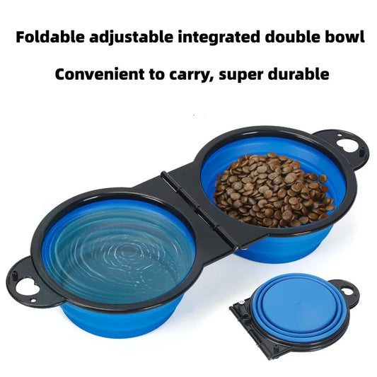 Collapsible Dog Bowls, Portable Travel Pet Feeder Bowl, 2 in 1 Expandable Silicone Pet Food & Water Double Bowl, Cat Feeder Dish with Carabiner for Walking, Traveling, Hiking, Camping