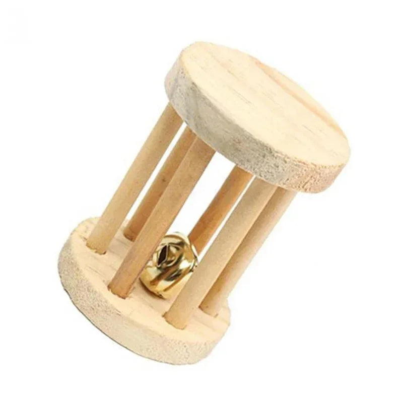 Cute Rabbit Roller Toys Natural Wooden Pine Dumbells Unicycle Bell Chew Toys for Guinea Pigs Rat Small Pet Molars