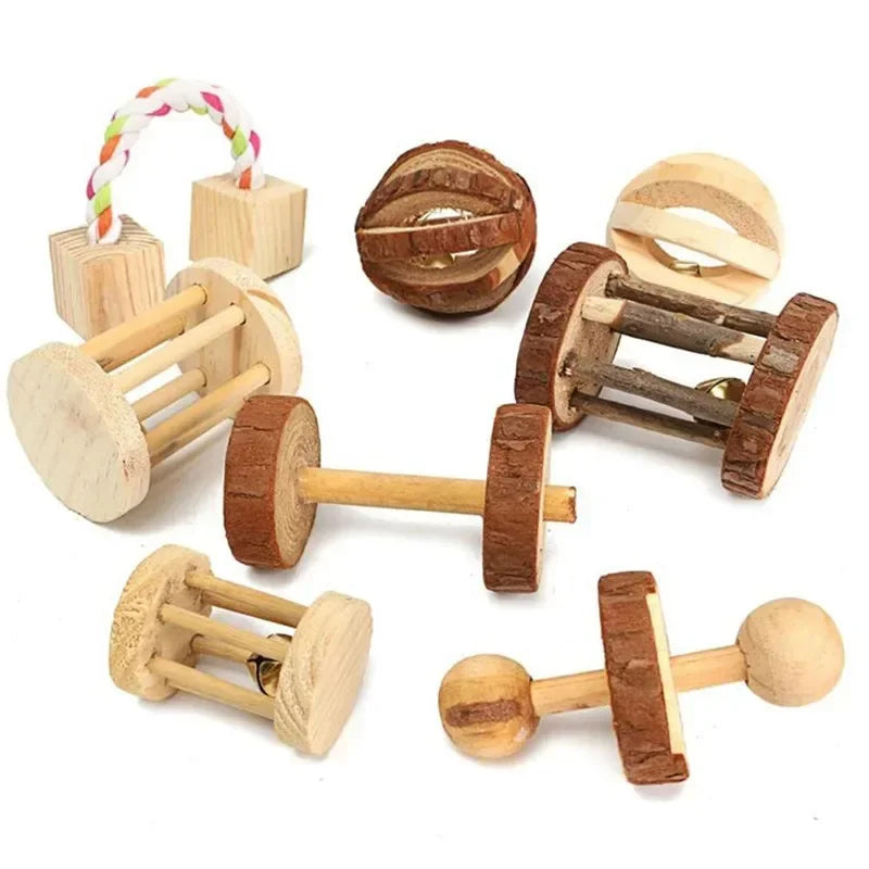 Cute Rabbit Roller Toys Natural Wooden Pine Dumbells Unicycle Bell Chew Toys for Guinea Pigs Rat Small Pet Molars