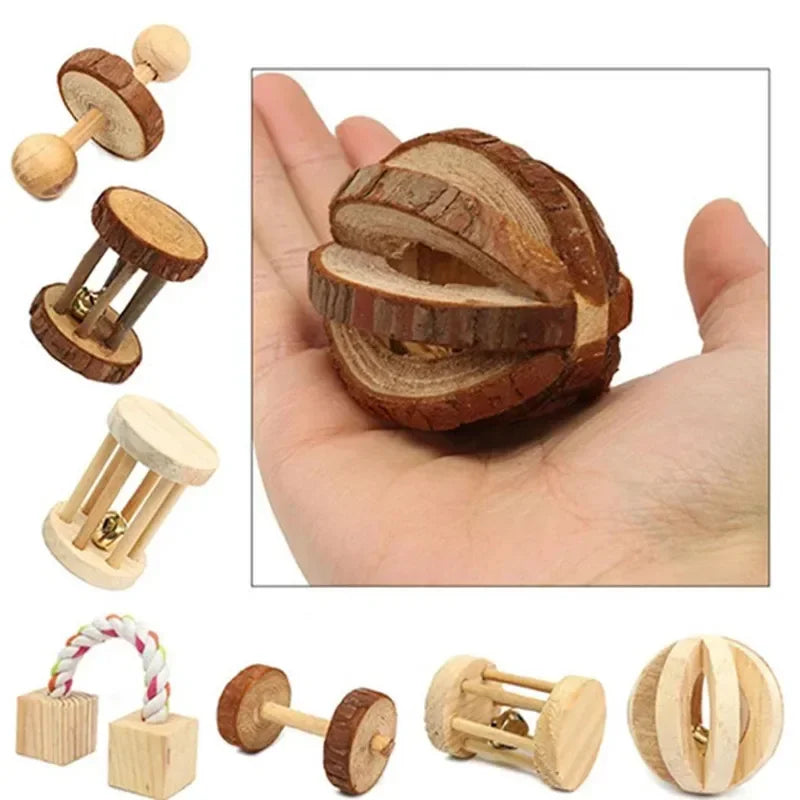 Cute Rabbit Roller Toys Natural Wooden Pine Dumbells Unicycle Bell Chew Toys for Guinea Pigs Rat Small Pet Molars