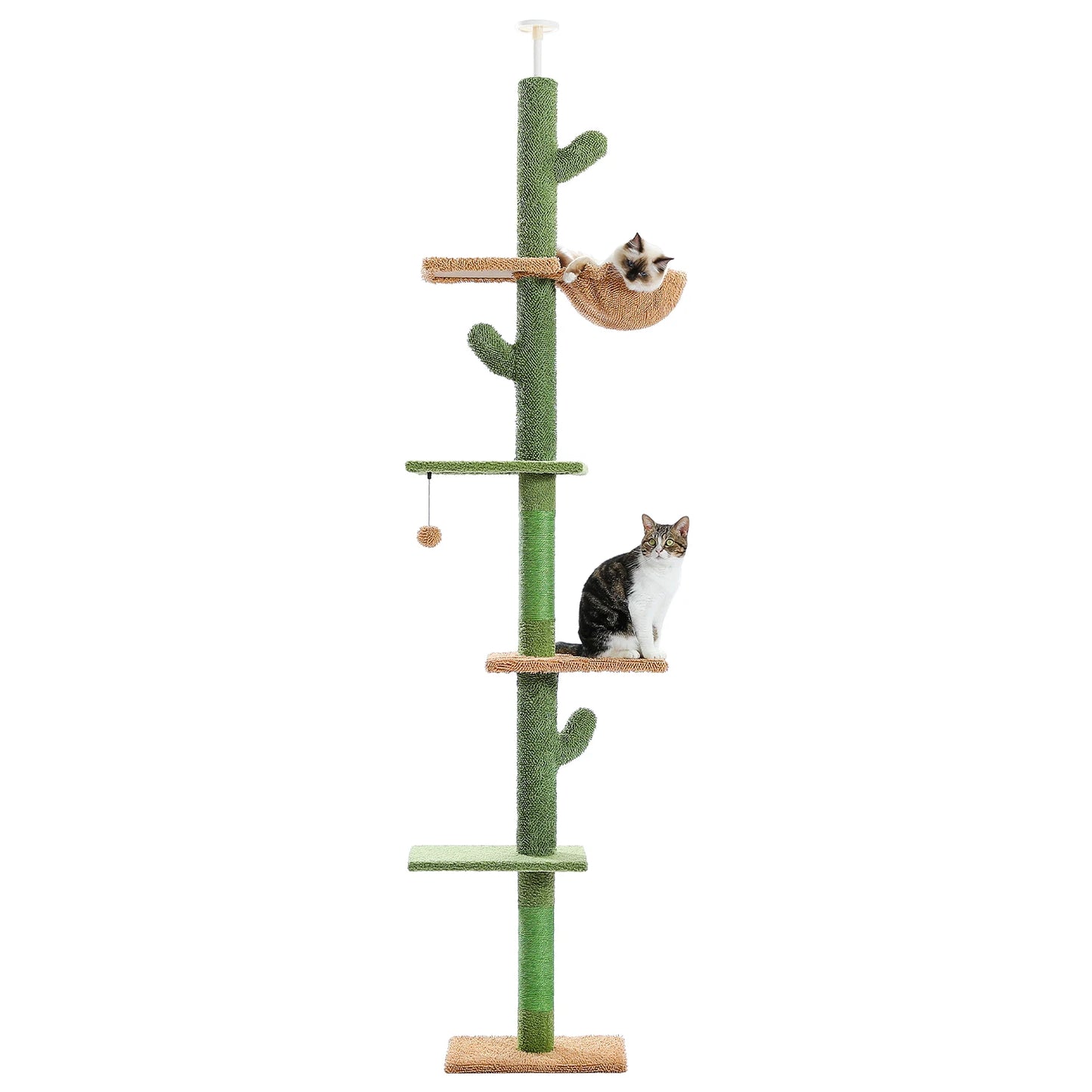 Cat Tree 5-Tier Floor to Ceiling Cat Tower Cactus Tall Climbing Tree with Scratching Post Hammock Dangling Ball for Indoor Cats